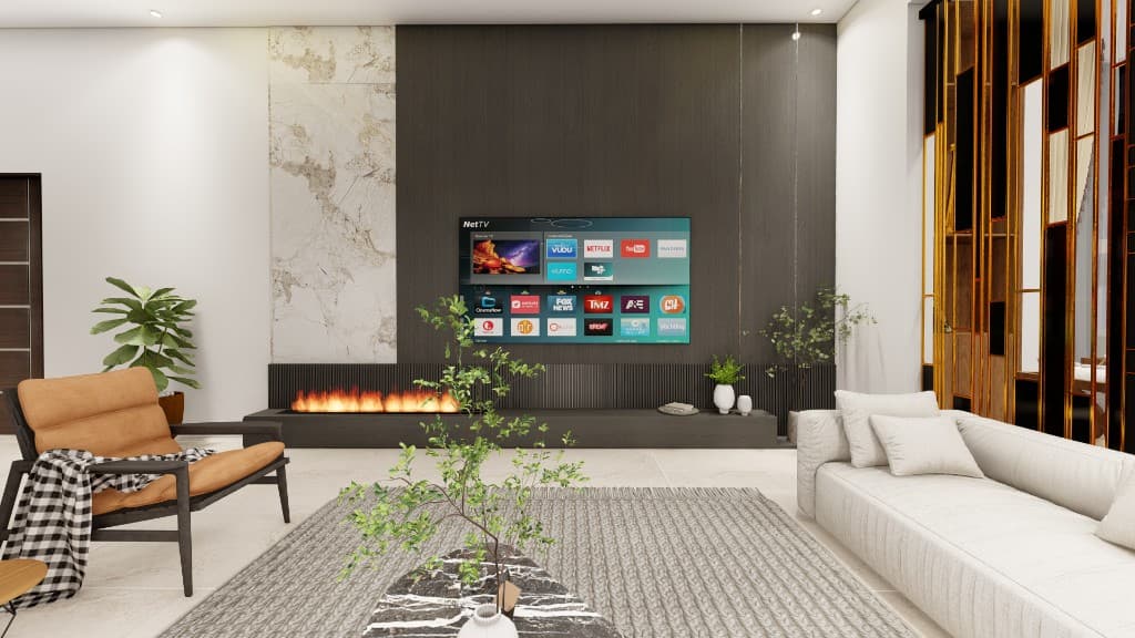 Dreyz Interior living room with fireplace and lighting